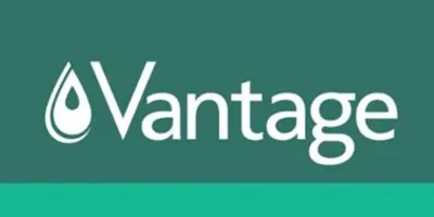 Vantage logo with a droplet symbol on a green background.